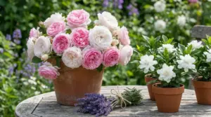 Rose rosa e bianche, gardenie in vaso e lavanda su un tavolo da giardino