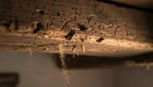 Trave di legno con piccoli fori, polvere di rosume e insetti, segni di tarli o infestazione del legno in casa