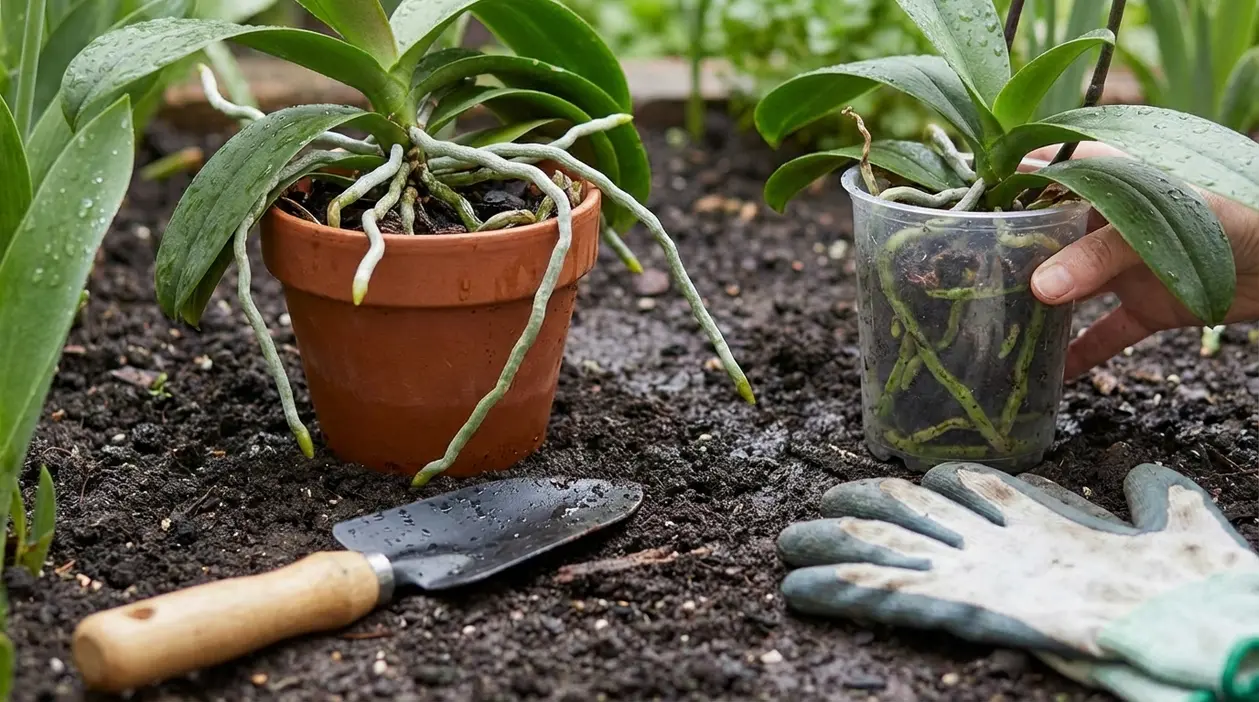 Piante in vaso su terreno bagnato dopo la pioggia, con radici esposte e attrezzi da giardinaggio