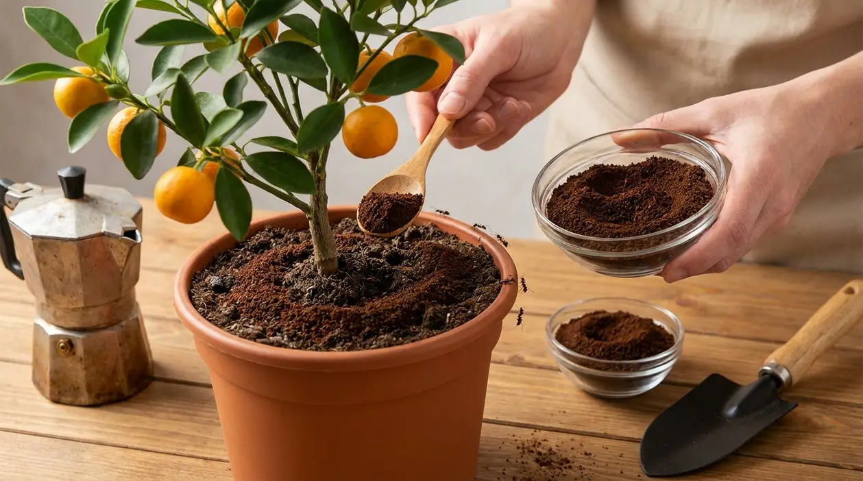 Mani che spargono fondi di caffè sul terriccio di un vaso con pianta di agrumi per rinforzare il suolo e allontanare formiche