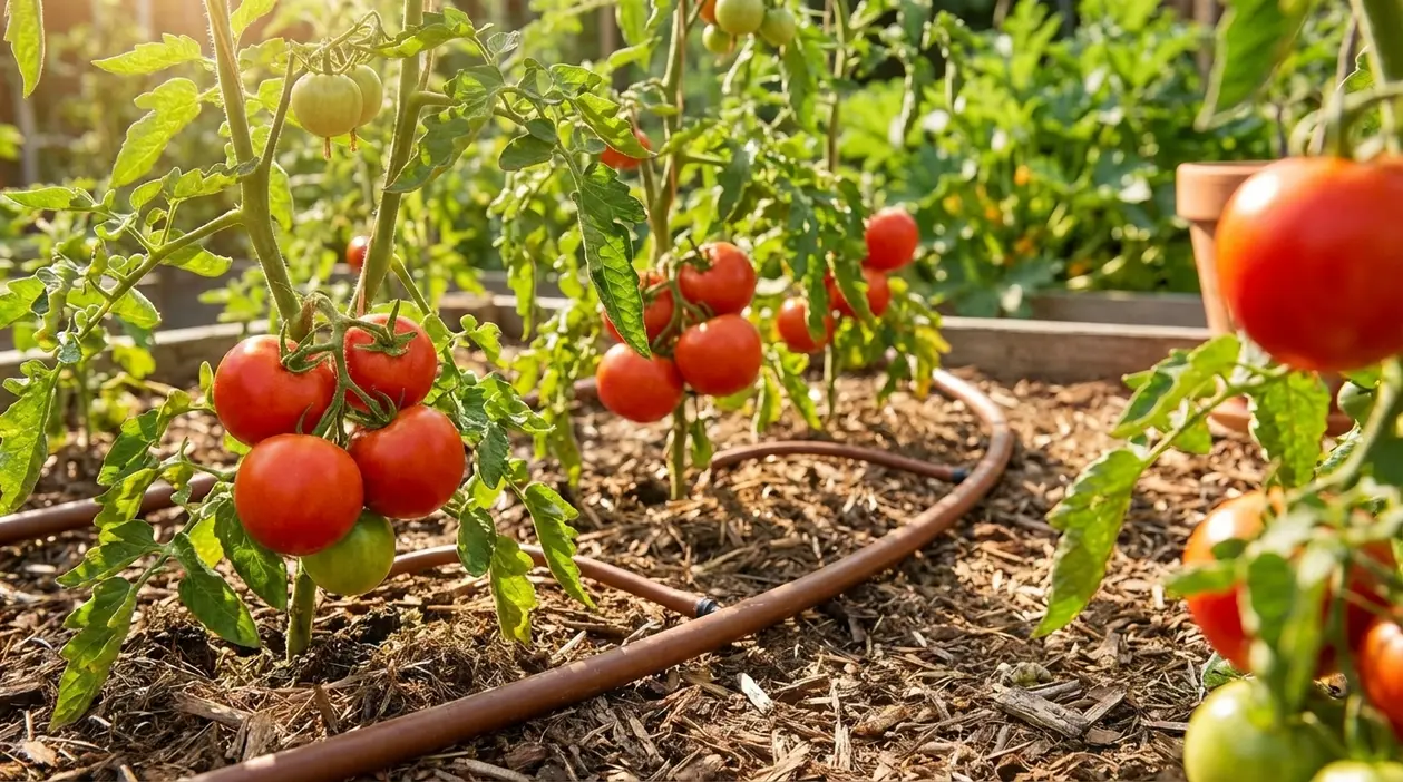 Piante di pomodoro nell’orto con frutti maturi e irrigazione a goccia durante il caldo estivo