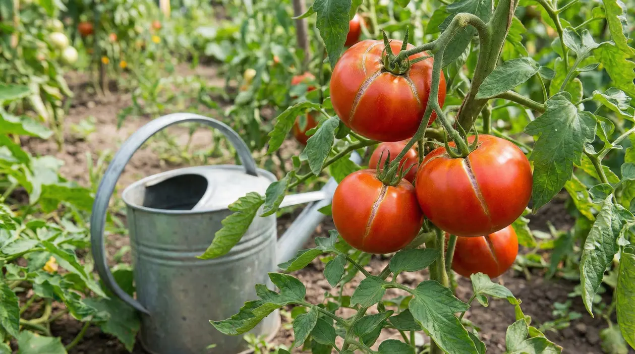 Pomodori maturi con spaccature longitudinali sulla pianta nell’orto, con annaffiatoio sullo sfondo