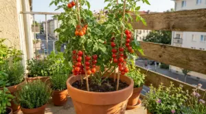 Pianta di pomodori ciliegini in vaso sul balcone, con frutti maturi e tutori in legno