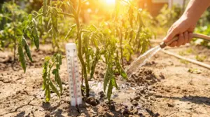 Pianta di pomodoro afflosciata per il caldo intenso mentre viene irrigata nell'orto con termometro nel terreno