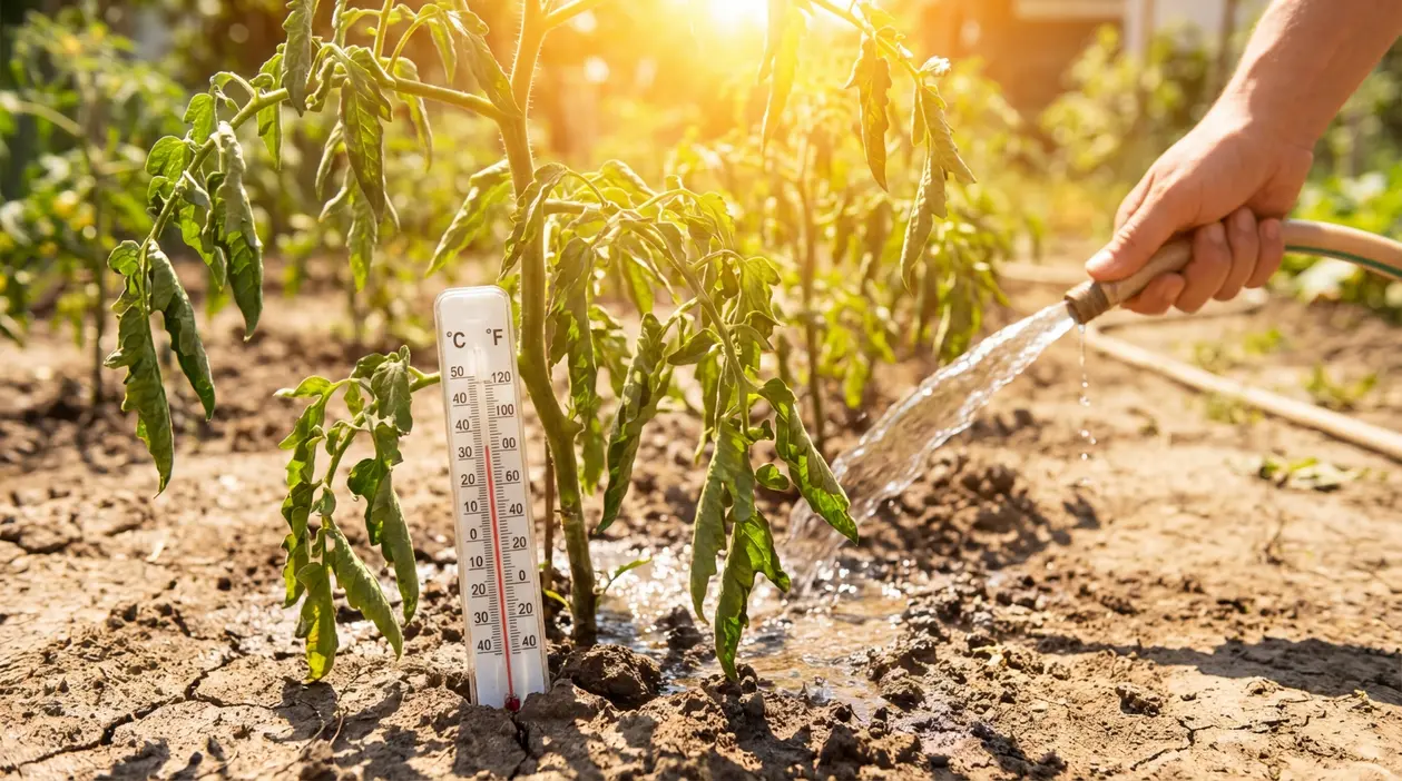 Pianta di pomodoro afflosciata per il caldo intenso mentre viene irrigata nell'orto con termometro nel terreno
