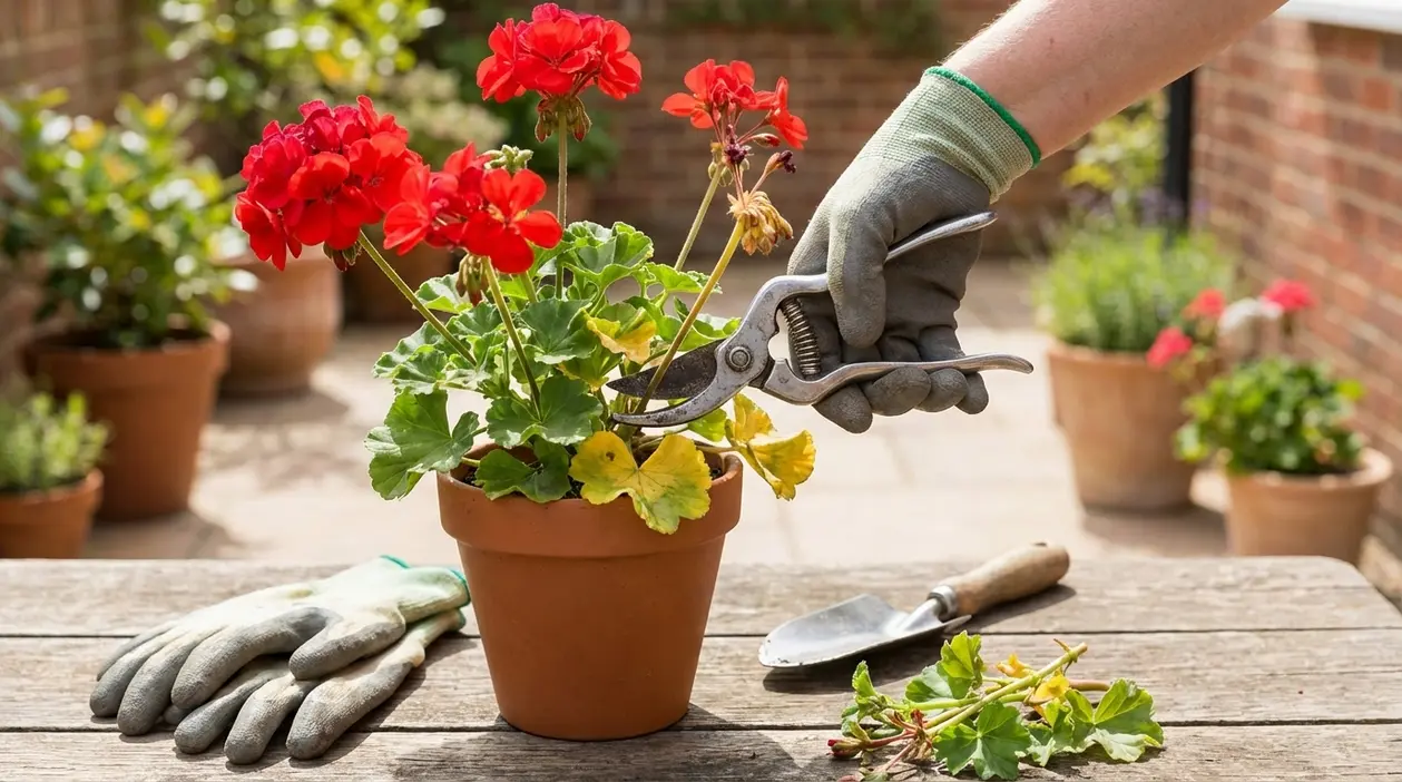 Mano con cesoie mentre pota un geranio rosso in vaso, eliminando fiori secchi e foglie ingiallite