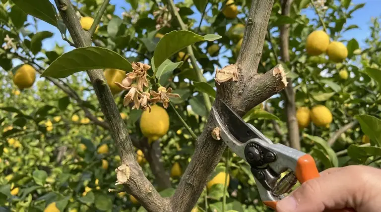 Forbici da potatura che tagliano un ramo di limone su una pianta con frutti maturi e fiori secchi