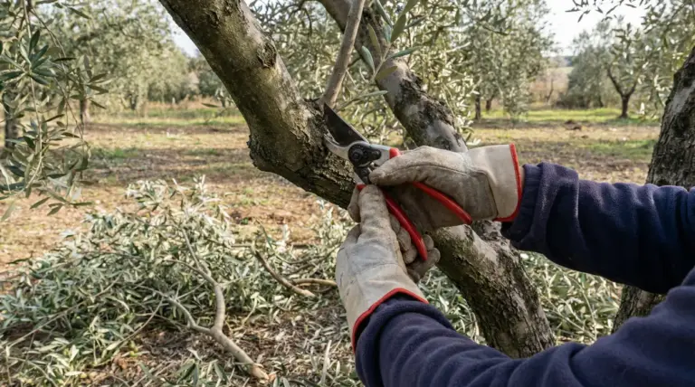 Mani con guanti potano un ramo di ulivo con cesoie in un oliveto