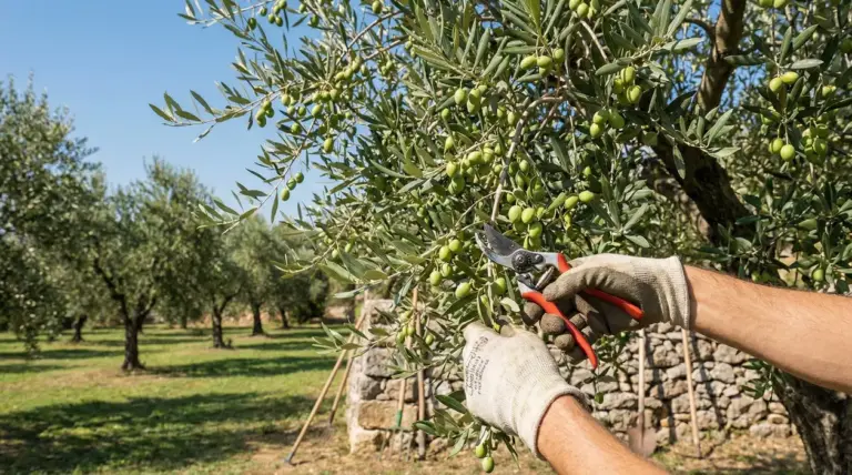 Mani con guanti che potano un ramo di ulivo carico di olive verdi con forbici da potatura in un oliveto
