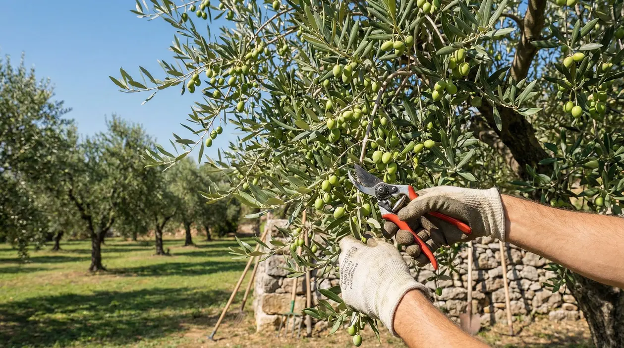 Mani con guanti che potano un ramo di ulivo carico di olive verdi con forbici da potatura in un oliveto