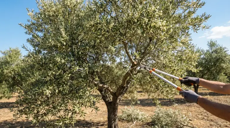 Potatura di un ulivo in fiore in oliveto per favorire una fioritura abbondante e la produzione di olive
