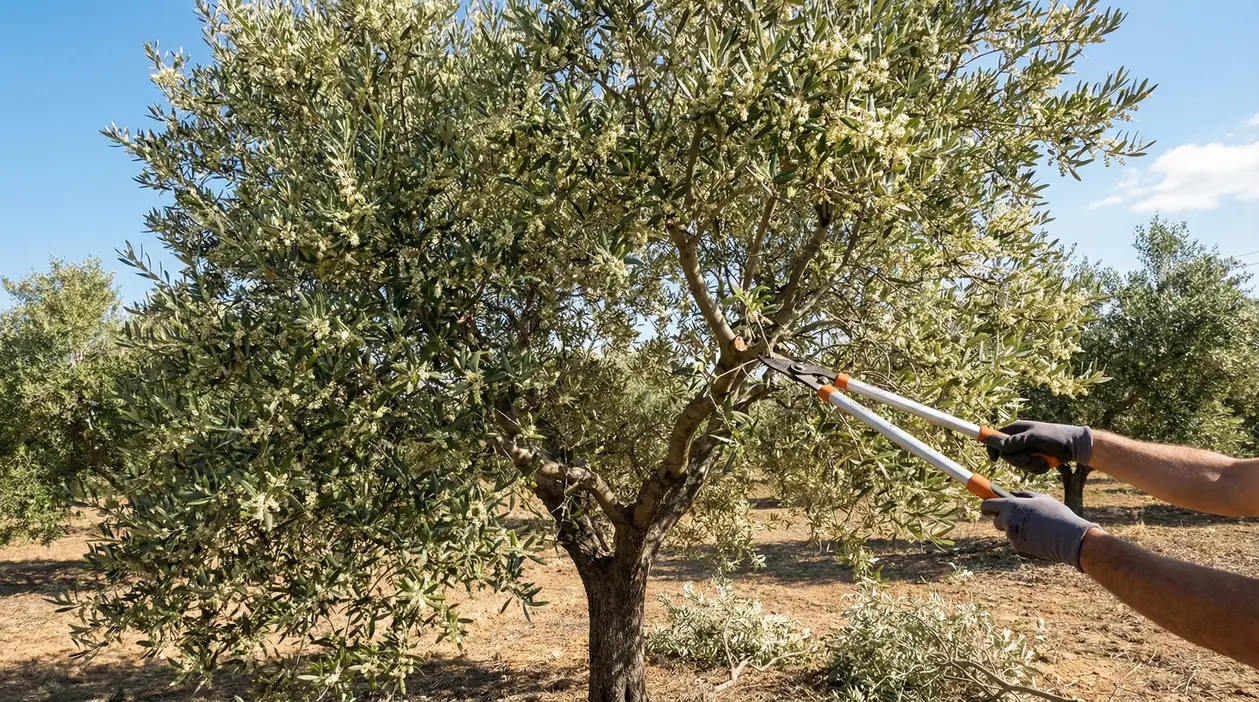Potatura di un ulivo in fiore in oliveto per favorire una fioritura abbondante e la produzione di olive