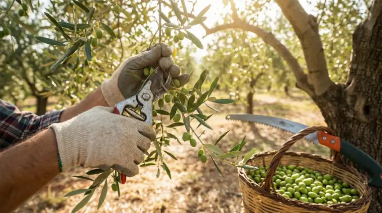 Potatura di un ramo di ulivo con cesoie in un oliveto, per favorire fioritura e produzione di olive