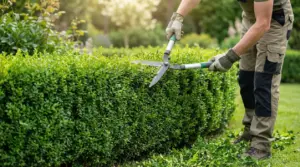 Persona che pota una siepe in giardino con cesoie manuali, modellando il verde in modo uniforme
