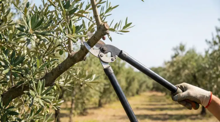Forbici da potatura che tagliano un ramo di ulivo in un oliveto