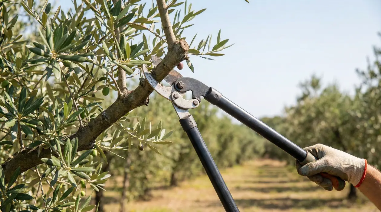 Forbici da potatura che tagliano un ramo di ulivo in un oliveto