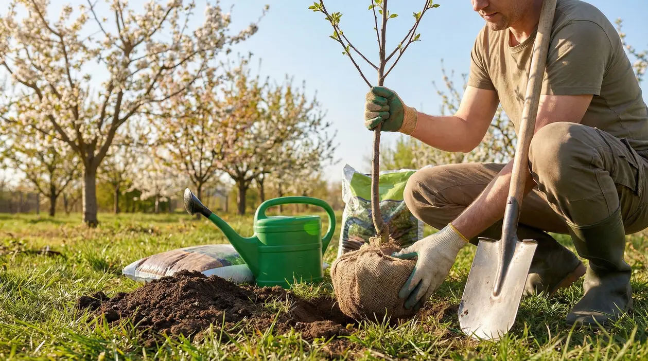 Persona mentre pianta un giovane albero da frutto in giardino con pala, terriccio e annaffiatoio
