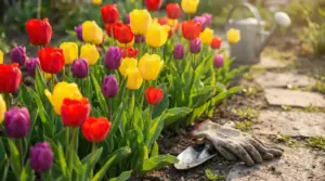 Tulipani rossi, gialli e viola in giardino con attrezzi da giardinaggio accanto all'aiuola