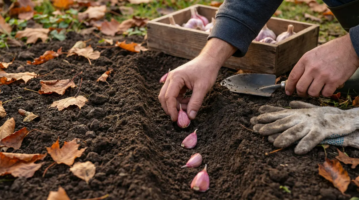 Mani che piantano spicchi d’aglio in un solco nell’orto, con foglie autunnali e cassetta di bulbi sullo sfondo