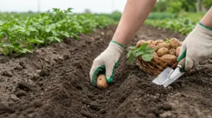 Mani con guanti che piantano una patata in un solco dell’orto, con cestino di patate e paletta da giardino