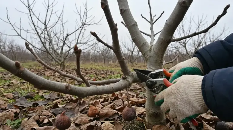 Potatura di un fico con cesoie in inverno, tra rami spogli e frutti secchi rimasti sulla pianta
