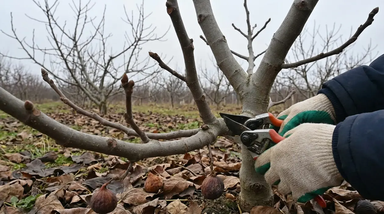 Potatura di un fico con cesoie in inverno, tra rami spogli e frutti secchi rimasti sulla pianta