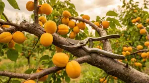 Forbici da potatura su un ramo di albicocco carico di frutti maturi in un frutteto