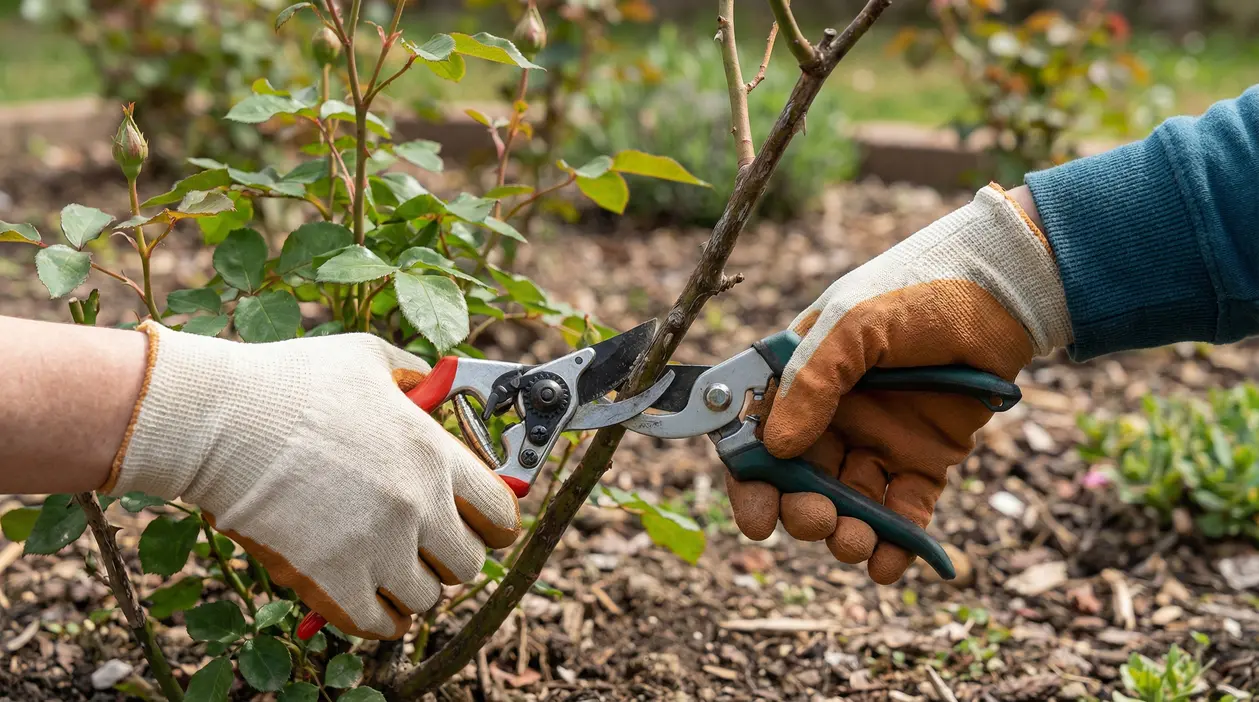 Mani con guanti potano un cespuglio di rose in giardino con cesoie da potatura