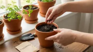 Mani che seminano prezzemolo in un vaso di terracotta su un davanzale con altre piantine verdi
