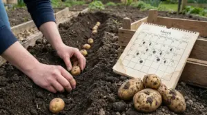 Mani che seminano patate in un solco nell’orto accanto a un calendario, per scegliere la data giusta di semina