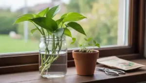 Talee di pothos in un barattolo d'acqua sul davanzale accanto a un piccolo vaso con germogli
