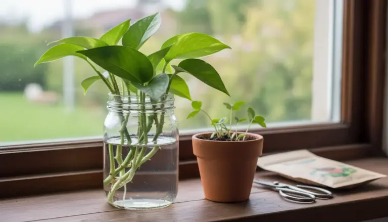 Talee di pothos in un barattolo d'acqua sul davanzale accanto a un piccolo vaso con germogli