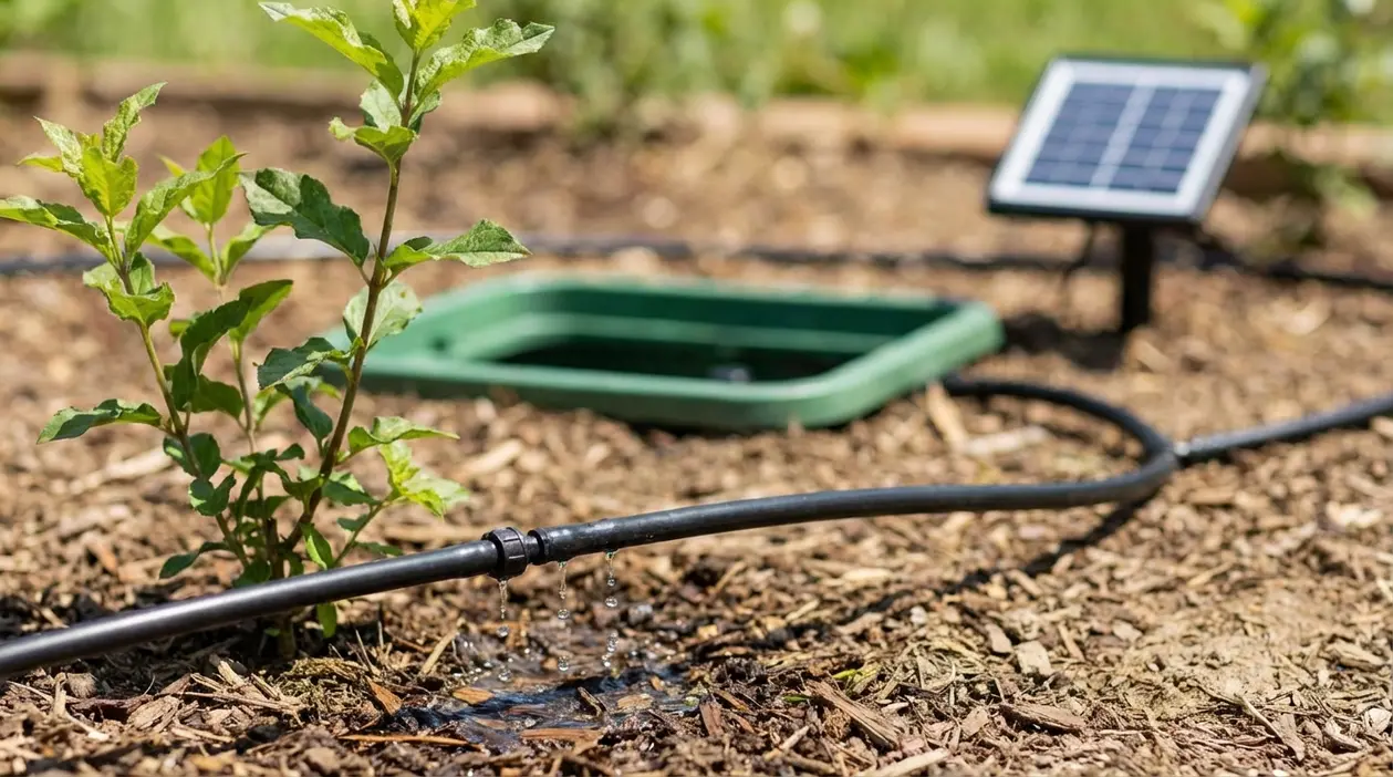 Irrigazione a goccia su aiuola pacciamata con pianta giovane, tubo e piccolo pannello solare per risparmiare acqua