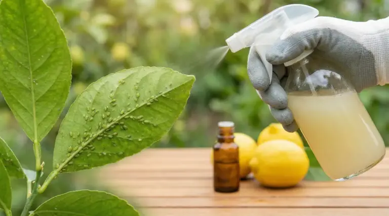 Spray naturale su foglia con afidi, mano con guanto e nebulizzatore vicino a limoni su un tavolo