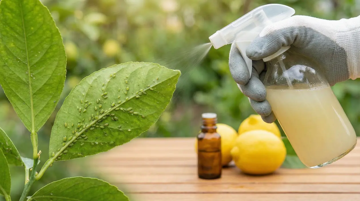 Spray naturale su foglia con afidi, mano con guanto e nebulizzatore vicino a limoni su un tavolo