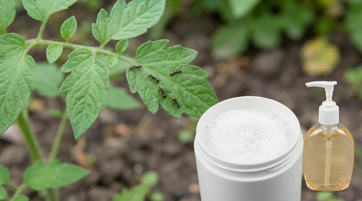 Formiche su una foglia in giardino, con un barattolo di polvere bianca e un dispenser di sapone liquido
