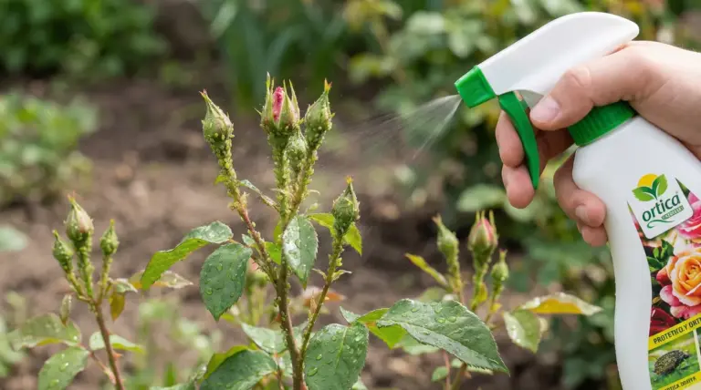 Mano che spruzza un rimedio naturale su boccioli di rosa infestati da afidi in giardino