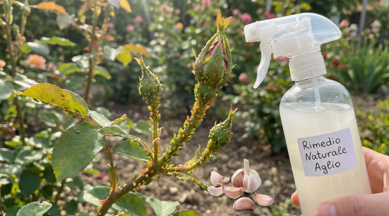 Boccioli di rosa infestati da afidi con flacone spray di rimedio naturale al giardino sullo sfondo