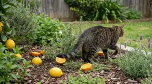 Gatto che cammina tra erbe aromatiche e agrumi in un giardino, possibile rimedio naturale per allontanarlo