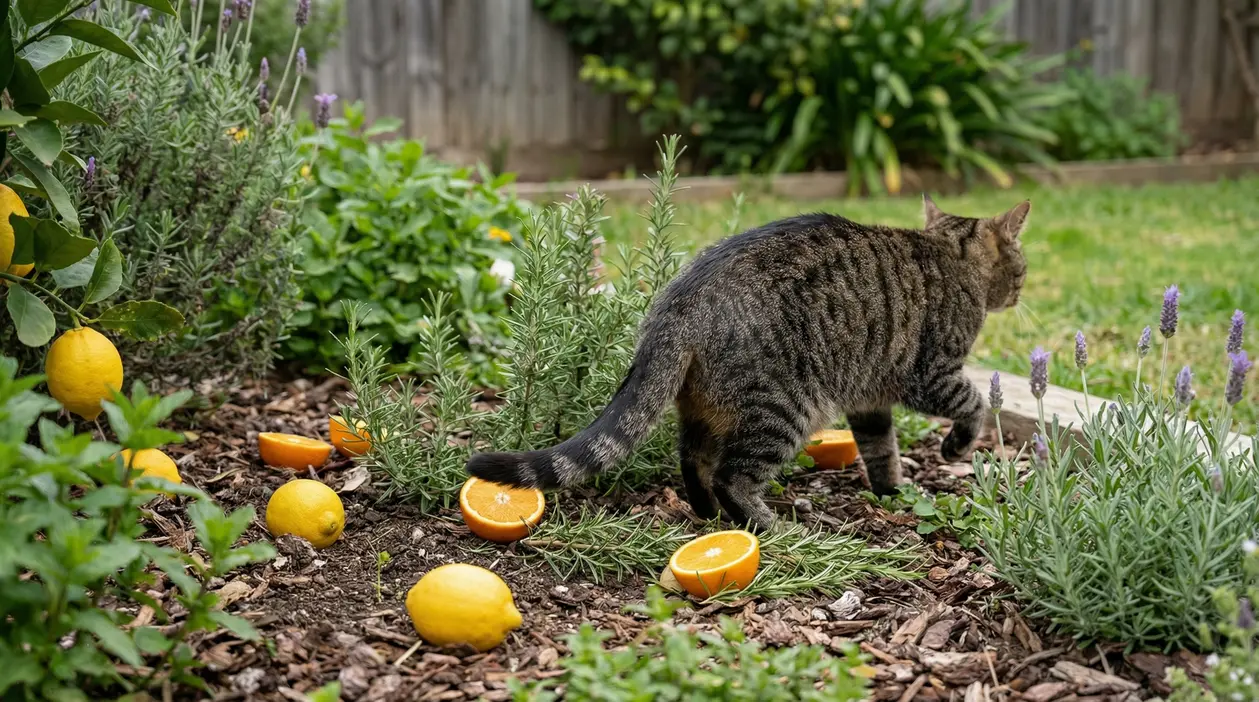 Gatto che cammina tra erbe aromatiche e agrumi in un giardino, possibile rimedio naturale per allontanarlo