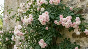 Rosa rampicante con fiori rosa pallido e bianchi che cresce rigogliosa su un muro in pietra