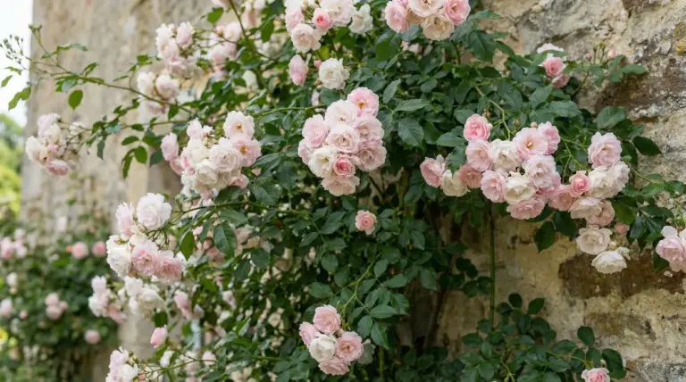 Rosa rampicante con fiori rosa pallido e bianchi che cresce rigogliosa su un muro in pietra