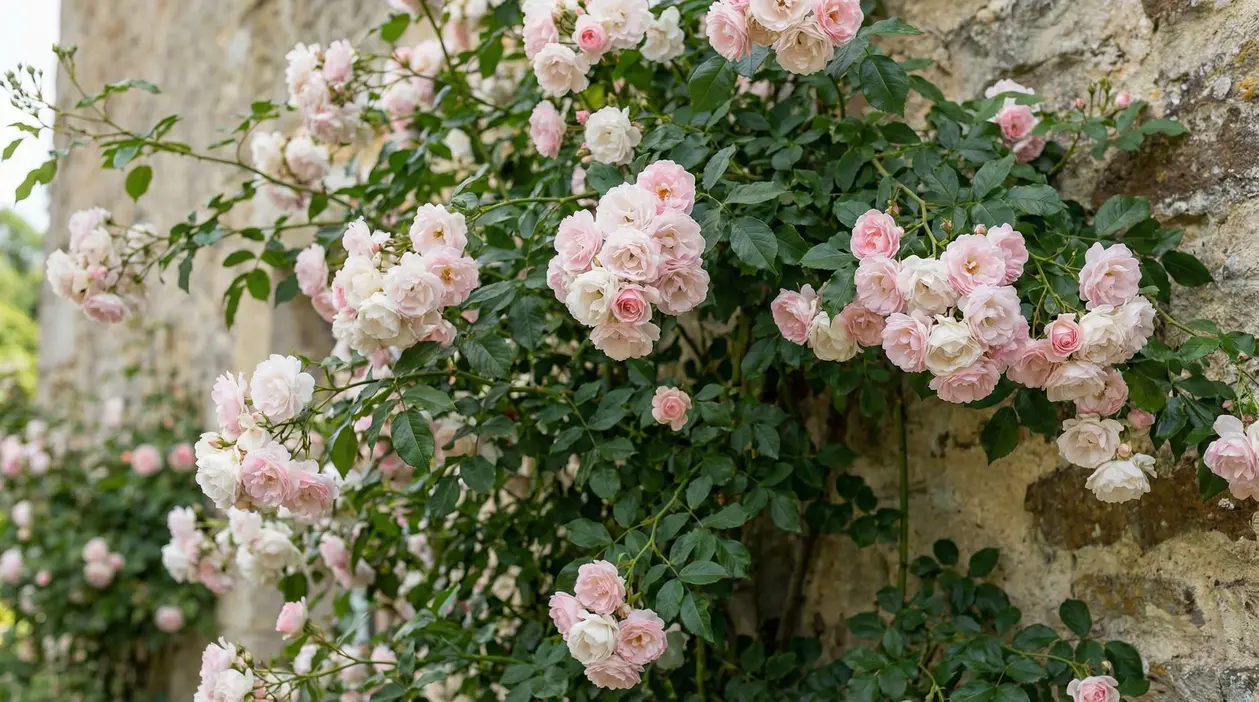 Rosa rampicante con fiori rosa pallido e bianchi che cresce rigogliosa su un muro in pietra
