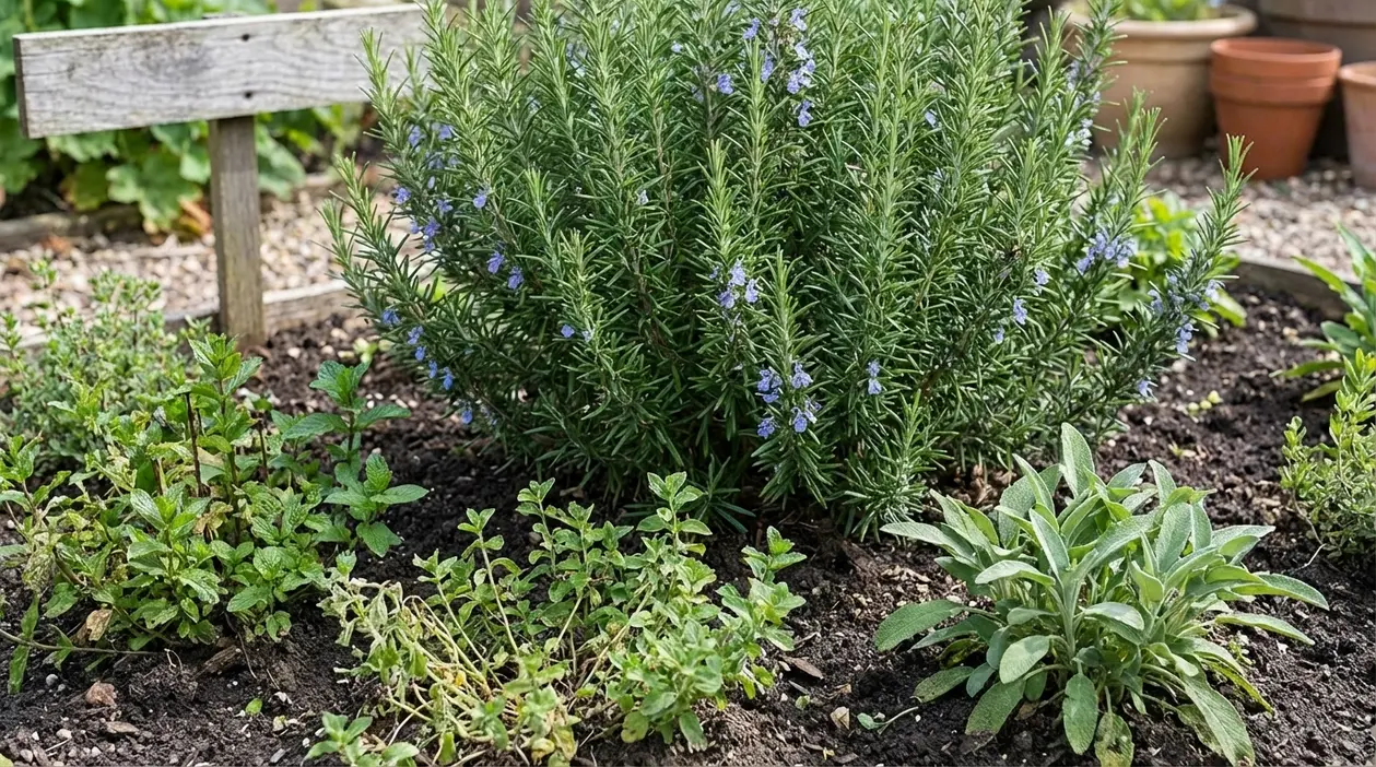 Pianta di rosmarino in giardino accanto ad altre erbe aromatiche in aiuola