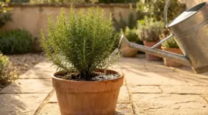 Pianta di rosmarino in vaso mentre viene annaffiata con un annaffiatoio in giardino