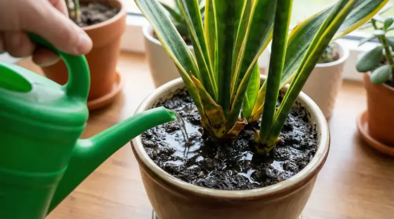 Annaffiatura eccessiva di una sansevieria in vaso con terriccio zuppo, possibile causa di marciume radicale