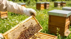 Apicoltore con guanto estrae un favo pieno di api da un alveare in un apiario all'aperto