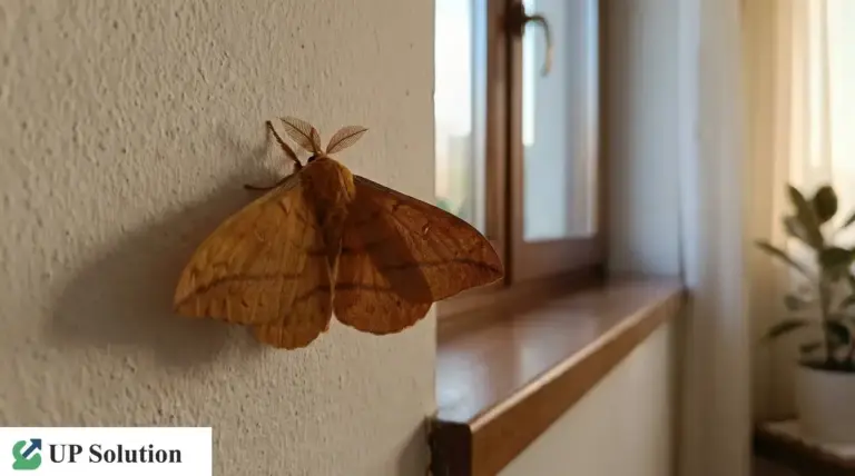 Falena marrone posata su un muro interno vicino a una finestra di casa