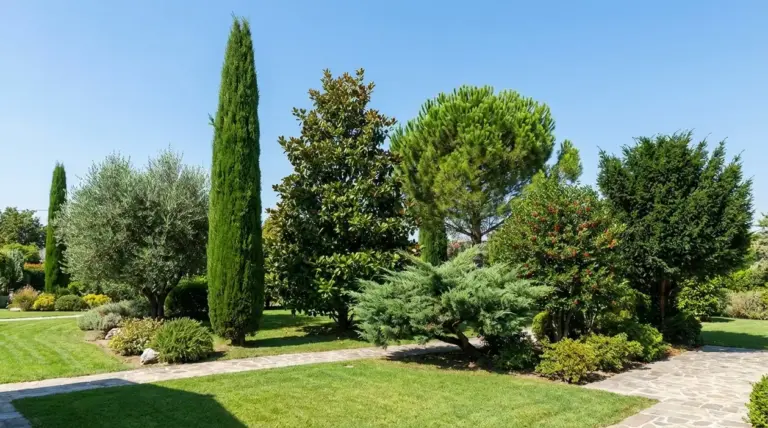 Giardino curato con alberi sempreverdi e vialetto in pietra, conifere e arbusti verdi in una giornata di sole