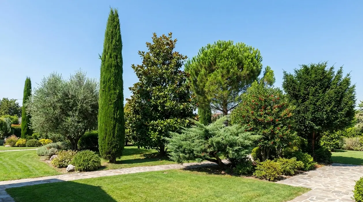 Giardino curato con alberi sempreverdi e vialetto in pietra, conifere e arbusti verdi in una giornata di sole